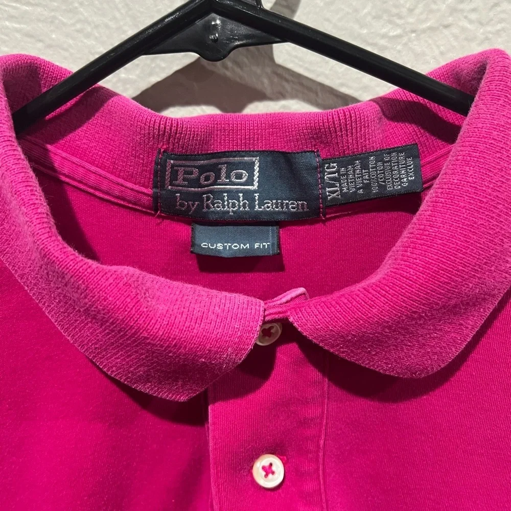 Ralph Lauren Men’s Hot Pink Polo Shirt with Navy Pony Custom Fit Size XL EUC
